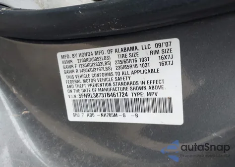 2007 Honda Odyssey Ex-L z USA, uszkodzony, nr VIN 5FNRL38737B461724